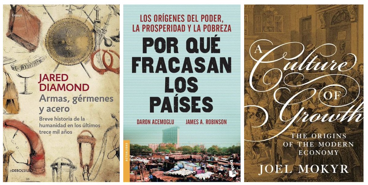 Preguntas grandes sobre economía y sociedad

¿Qué factores son clave para el desarrollo de las sociedades?

Simplificando mucho, estos autores responder así.

Diamond: geografía
Acemoglu y Robinson: instituciones
Mokyr: cultura