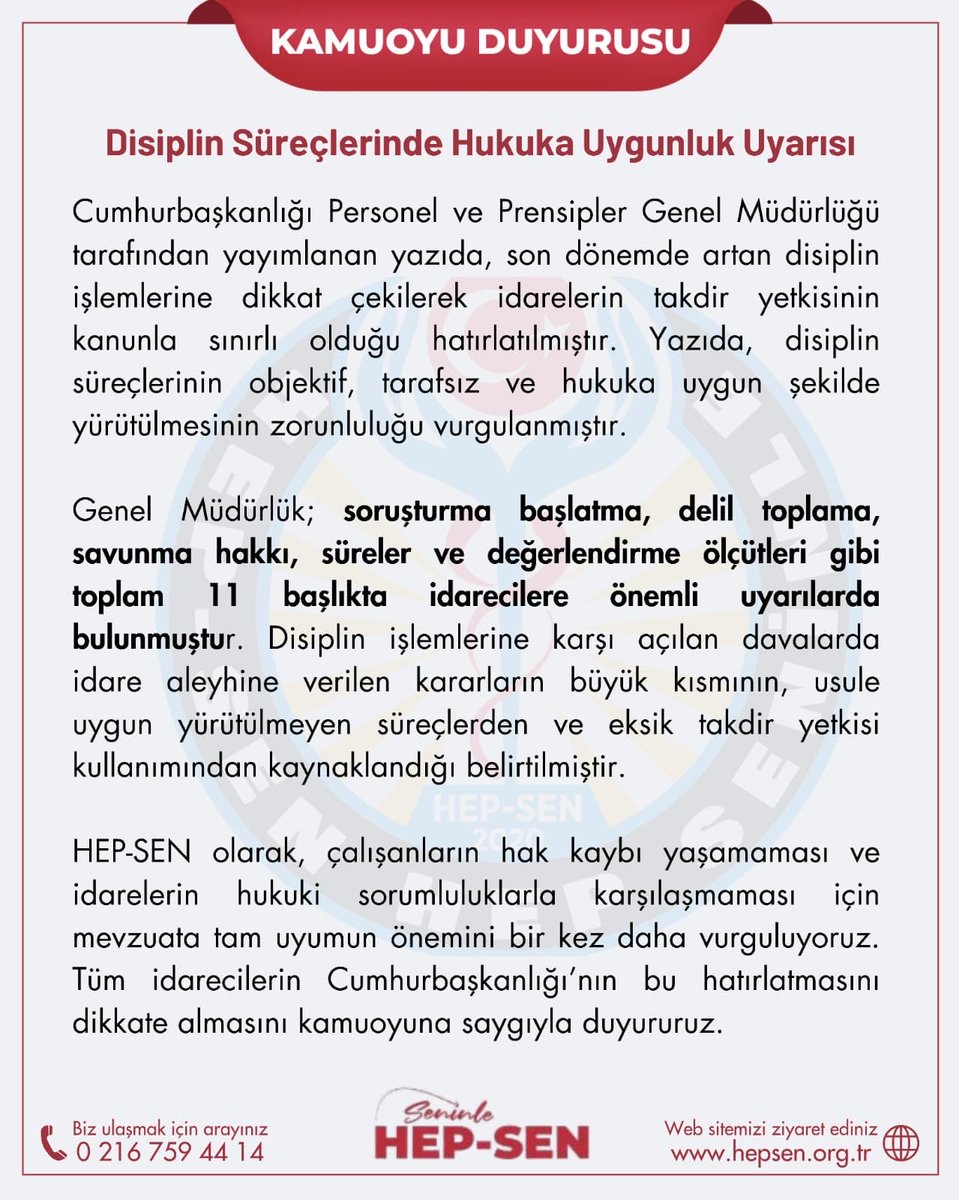 Cumhurbaşkanlığı’ndan İdarelere Disiplin Süreçlerine İlişkin Önemli Hatırlatma

Cumhurbaşkanlığı Personel ve Prensipler Genel Müdürlüğü tarafından yayımlanan yazıda, son dönemde artan disiplin işlemlerine dikkat çekilerek idarelerin takdir yetkisinin kanunla sınırlı olduğu