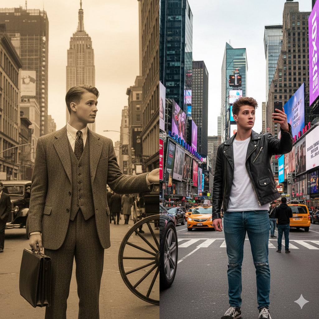 Split-Screen Cinematic Time Travel Prompt — example 2