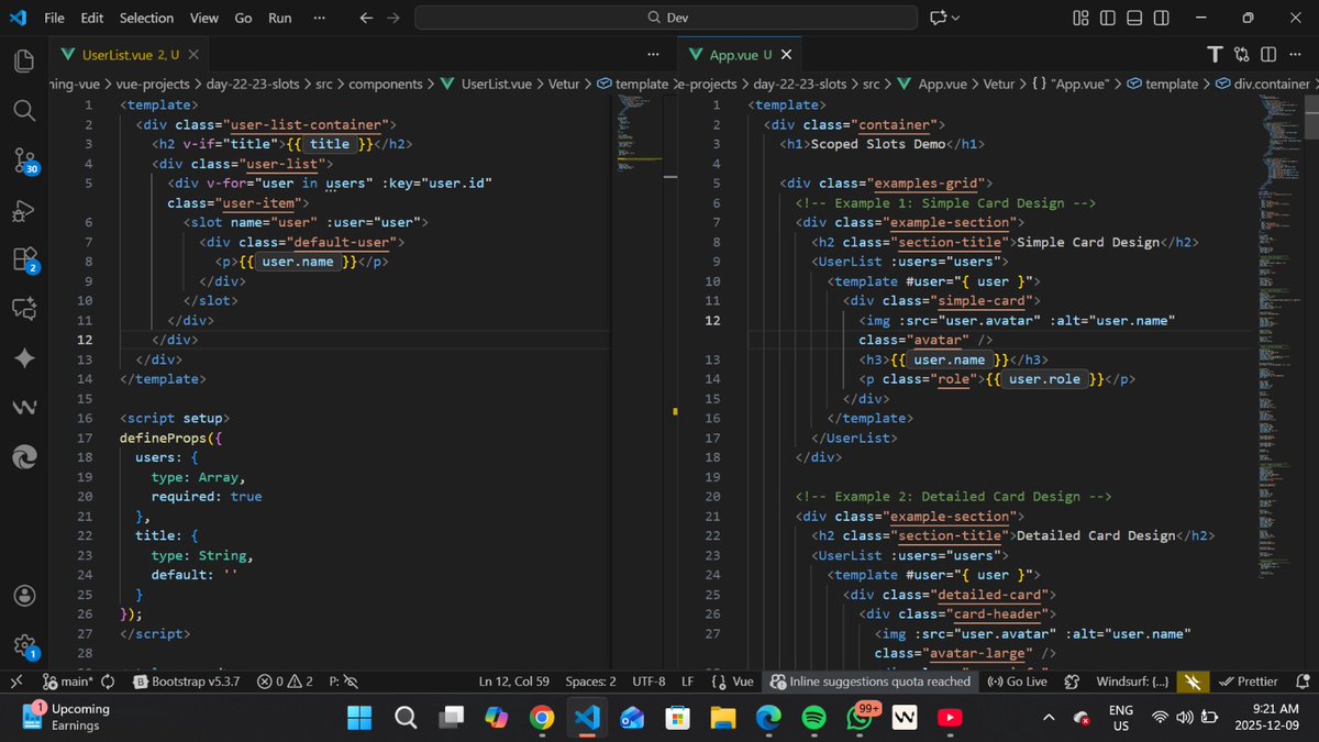 makima_dev1's tweet image. Day 23 ✅

Scoped Slots unlocked!
Built a flexible UserList component.
Same data, 3 different designs - all using scoped slots.

Child passes data through slots, parent decides how to display it.
That&apos;s clicking!
#VueJS #LearnInPublic #100DaysOfCode