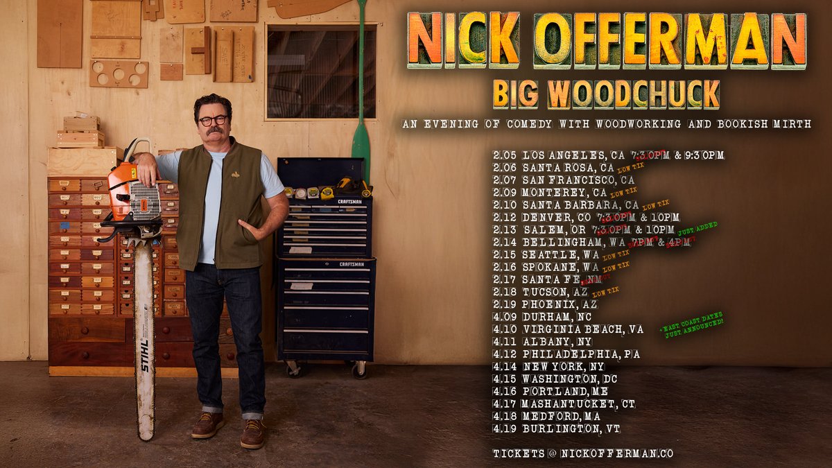 Nick_Offerman's tweet image. Influential Woodchucks of the east got wind of my western pageants and boy, howdy, they were pissed. I want us all to get along, so I’m adding ten more east coast shows! Let’s be friends!

April 9  Durham, NC Durham Performing Arts Center
April 10  Virginia Beach, VA  Sandler