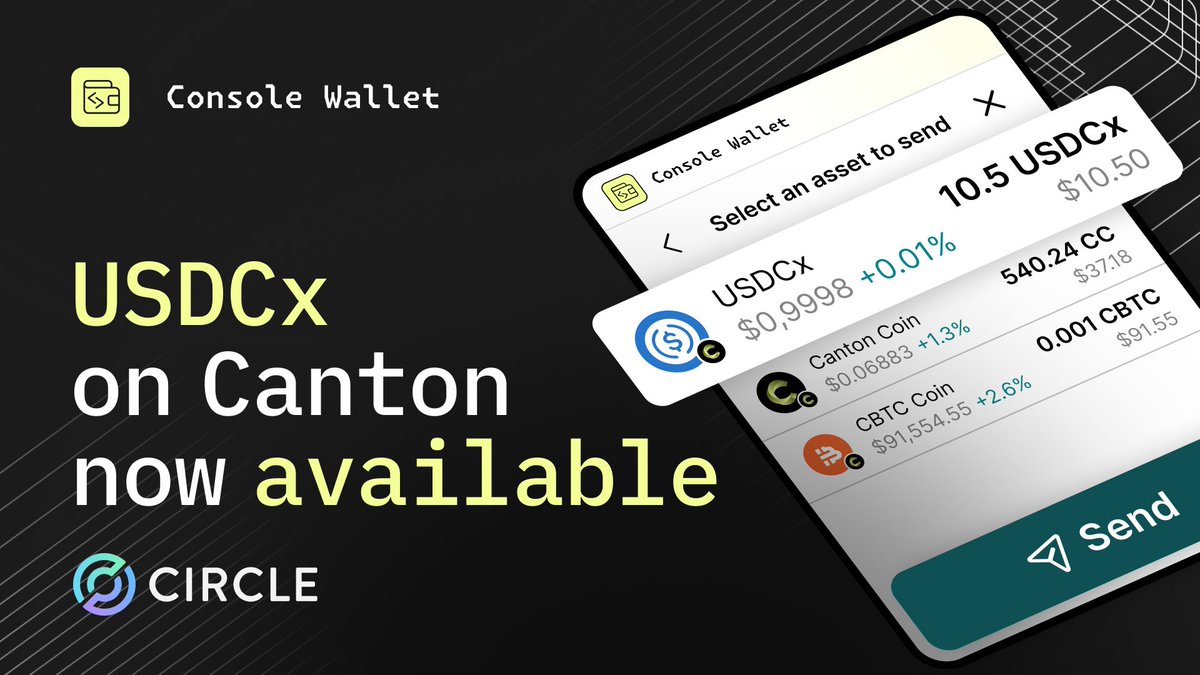 Excited to support USDCx on Canton in Console Wallet and help bring it into Canton’s DeFi ecosystem 

With USDCx on Canton now available via @Circle xReserve, users and apps can move stable, trusted liquidity into Canton and build real-world use cases on top.