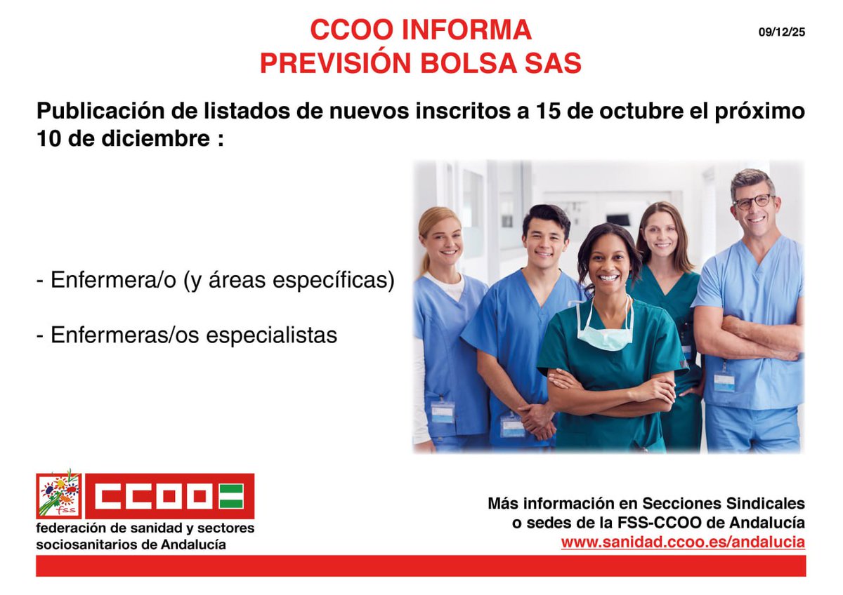 #CCOOInforma 

Bolsa SAS
📑 Publicación de listados de nuevos inscritos/as de diferentes categorías de Enfermero/a

#CCOOTuSolución