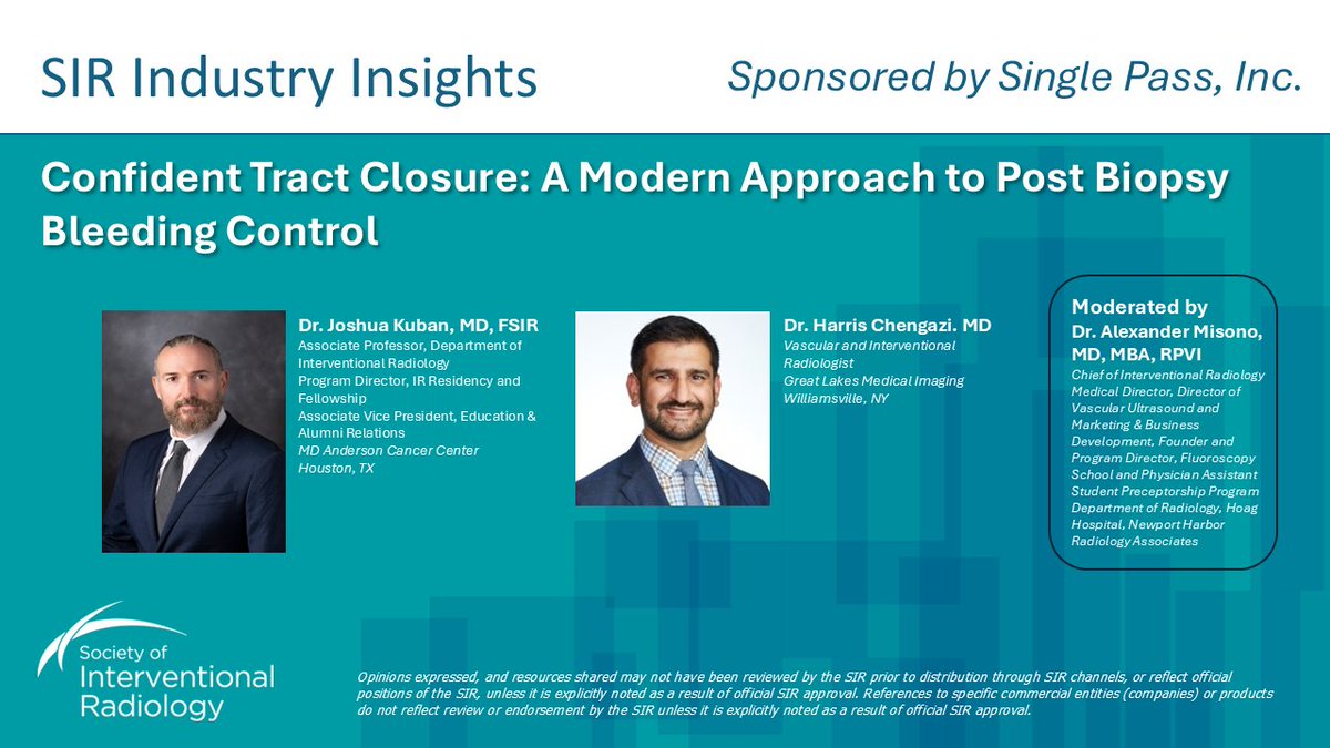SIRspecialists's tweet photo. ⏰Join us tonight for the @SinglePass_ Industry Insights webinar tonight at 8:30 p.m. ET for the latest in post-biopsy bleeding control. https://t.co/DhSkEhaq3H https://t.co/3rHHNTmPOh