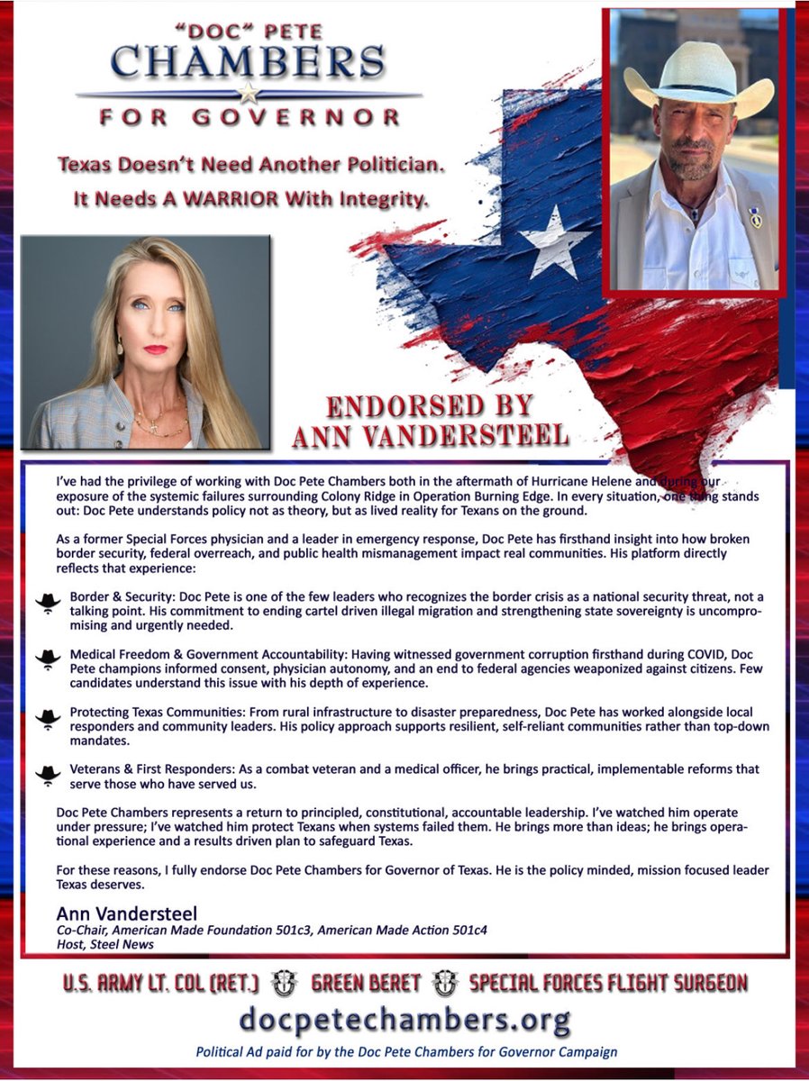 annvandersteel's tweet photo. Hey Texas - Do y'all want a real Commander in Chief ?

Vote for @DocPeteChambers for Governor.

Not only is a 39 year Retired Green Beret flight Surgeon, but he stood a post down on the border protecting your sovereignty. 

And he was dismissed for giving his troops INFORMED CONSENT during COVID.

Unlike Gov. Abbott, Doc Pete knows what it means to defend your country. 

ELECT A REAL WARRIOR FOR TEXAS...

Support his campaign..DocPeteChambers.org