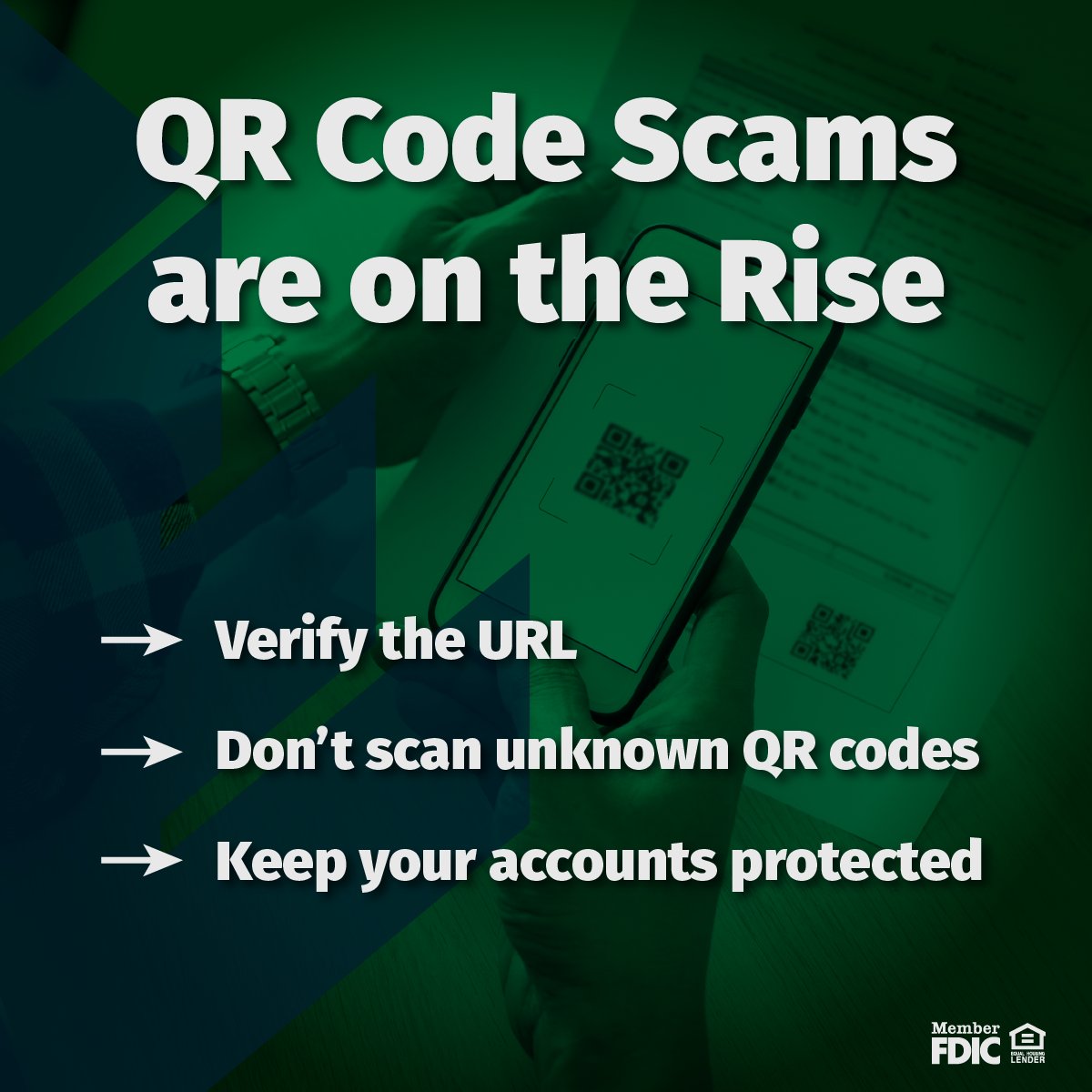 BankEquitable's tweet image. Scammers are placing fake QR codes on parking meters, sending them by text or email, and trying to trick you into opening harmful links. Stay safe by:
 ➡️ Always double-check the URL
 ➡️ Never scan unexpected QR codes

Read more at equitableonline.com/about-us/fraud…