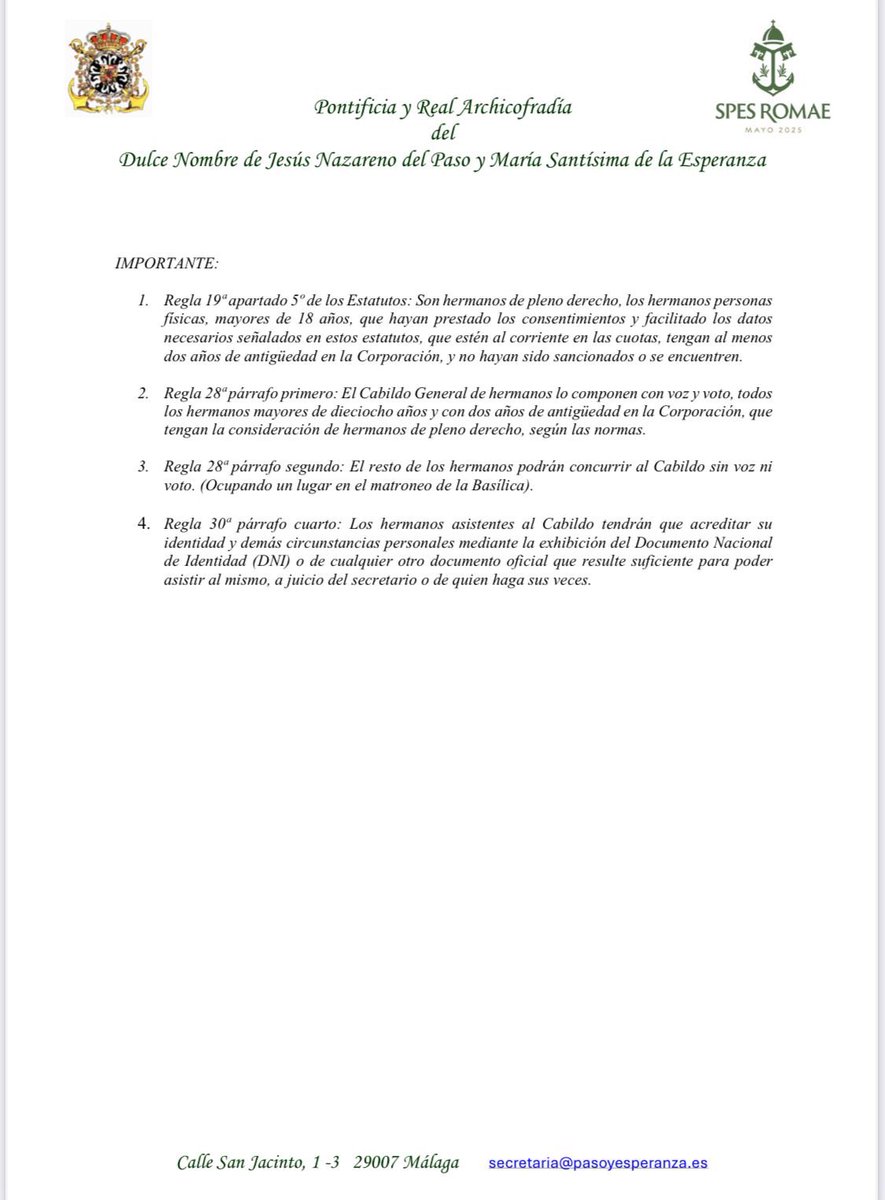 [📢IMPORTANTE] La Archicofradía convoca un Cabildo General de hermanos para decidir el recorrido procesional del Jueves Santo de 2026.
🗓️ Mañana, 10/DIC
⌚️ 20:30h
📍 Basílica

🔗 bit.ly/4iL7wvO
#JSEsperanza #CofradíasMLG