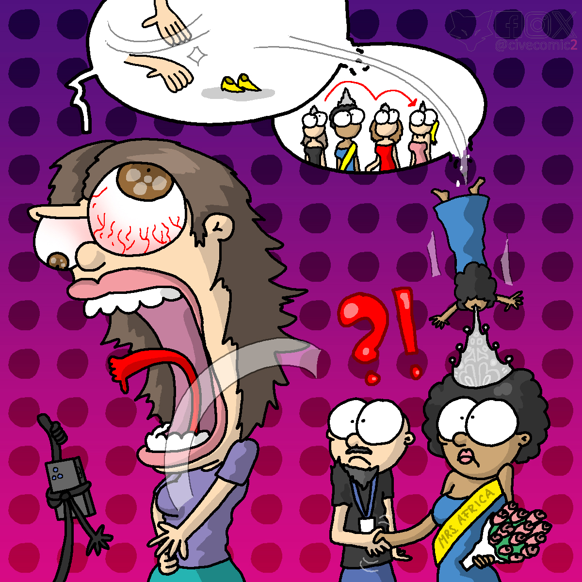 civecomic2's tweet photo. All just colorful distortions!

A deaf woman took LSD and thought every perception was a crazy delusion. She talked complete nonsense – but in the end, “Miss Africa,” a deaf Black woman, was actually chosen.
Follow us @civecomic2 https://t.co/iwDMGf1lcT