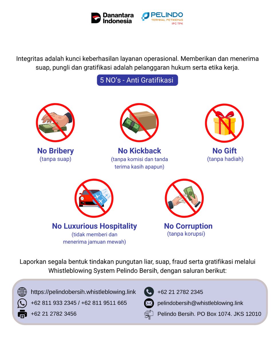 Hai #containerlovers..

Selamat Hari Anti Korupsi Sedunia (HAKORDIA) 2025.

IPC TPK selalu berkomitmen dalam melawan berbagai bentuk korupsi dan mengajak seluruh insan IPC TPK untuk menegakkan “5 NO’s” dalam menjaga integritas.