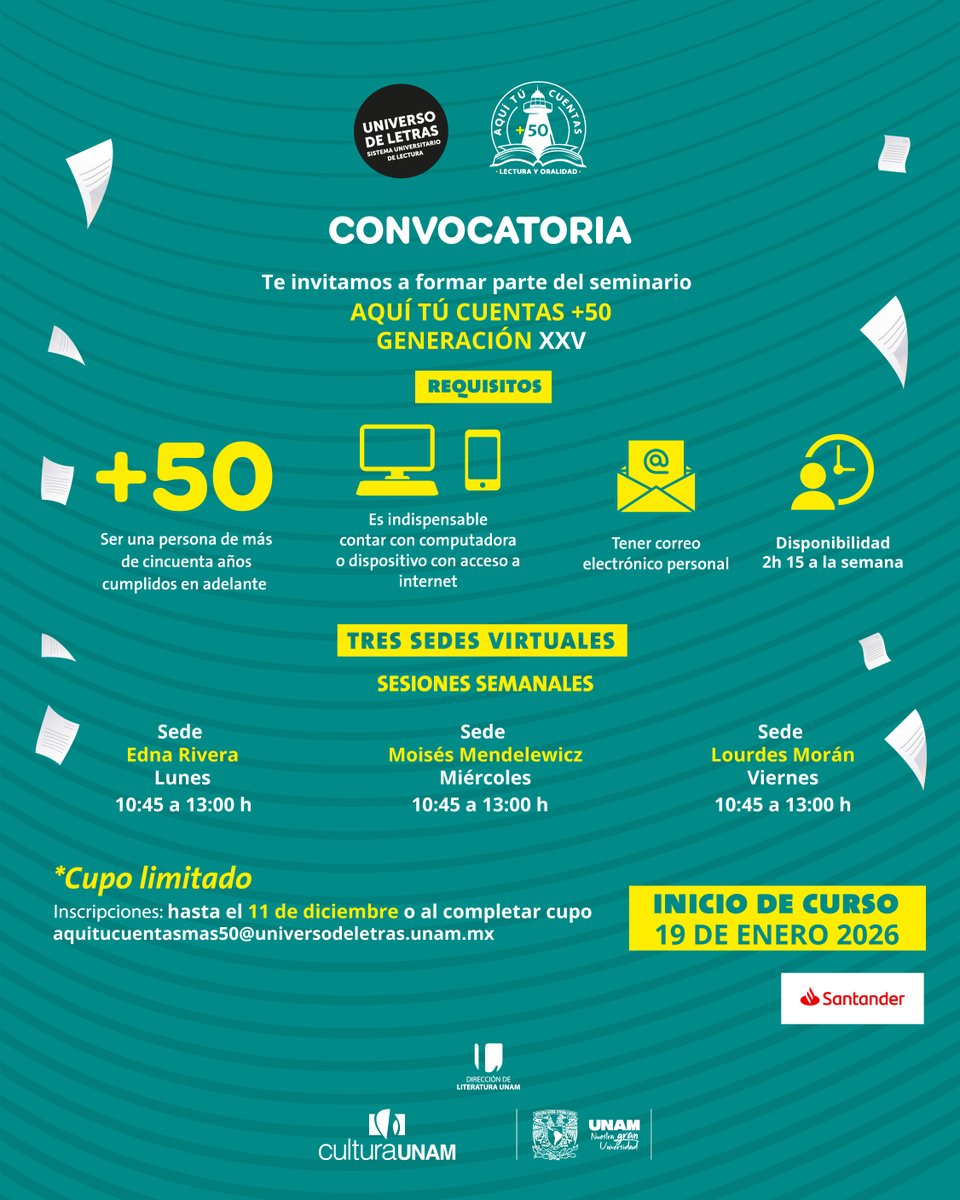 ATENCIÓN, personas mayores de 50 años que les interese aprender a narrar, leer en voz alta y compartir historias, les invitamos a ser parte de la Generación XXV del Programa de Lectura y Oralidad 𝐀𝐪𝐮í 𝐭ú 𝐜𝐮𝐞𝐧𝐭𝐚𝐬 +𝟓𝟎.

🌟INCRIPCIONES: bit.ly/AquíTuCuentas50