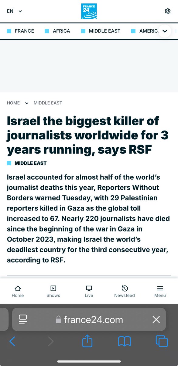 RSF dit plus précisément et CLAIREMENT qu’🇮🇱 est le plus grand tueur de masse de journalistes depuis 3 ANS ! 

— «Voilà où mène la haine des journalistes, voilà où mène l'impunité » a dénoncé la directrice éditoriale de RSF, Anne Bocandé, auprès de l'AFP.