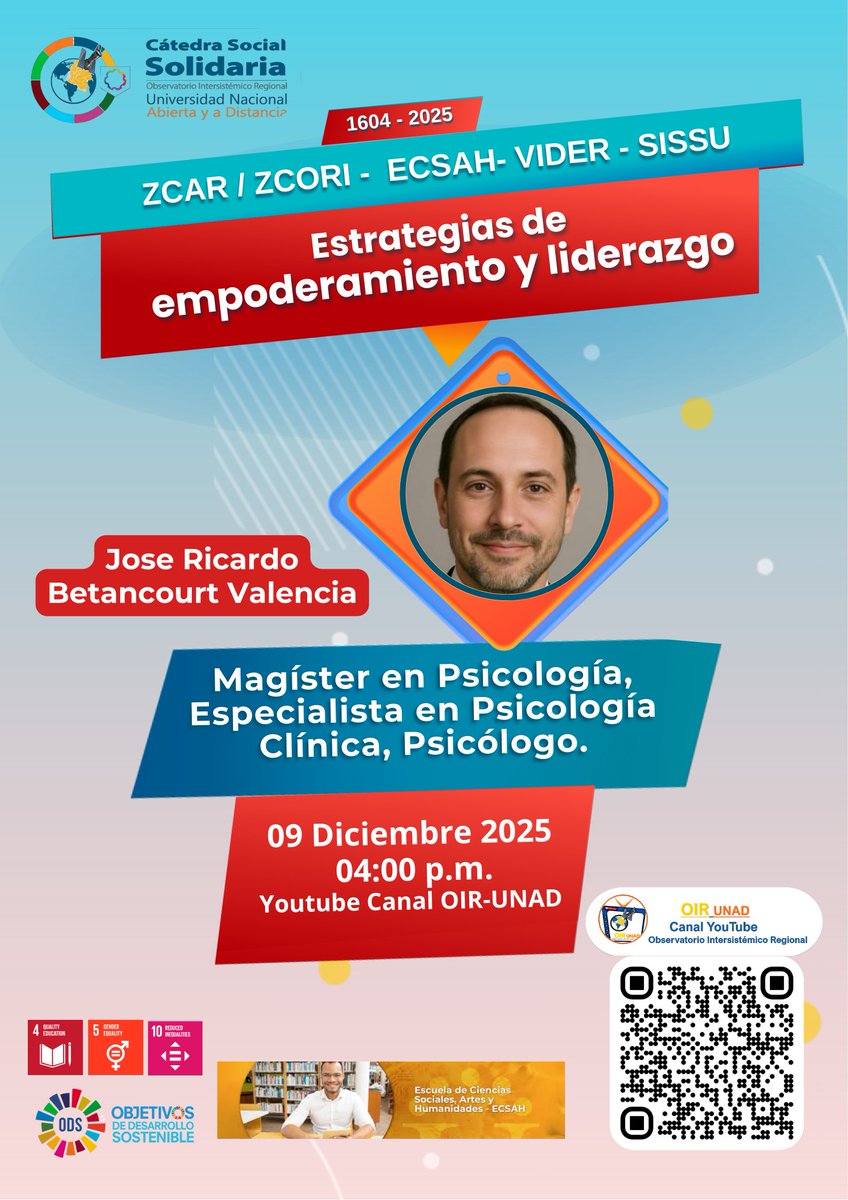 ElOIRdelaRegion's tweet photo. #CátedraSocialSolidaria Estrategias de empoderamiento y liderazgo. 
Desde el Observatorio Intersistémico Regional y el Servicio Social Unadista en articulación con la #ECSAH #ZCAR Y #ZCORI
🗓️ 09 de diciembre
⏰ 4:00 p.m.
▶️ Transmisión por YouTube – OIR UNAD
https://t.co/UEqRf9re9o
💬 ¡Conéctate, aprende y potencia tu liderazgo!
#UNAD #CátedraSocialSolidaria #Liderazgo #Empoderamiento #ODS