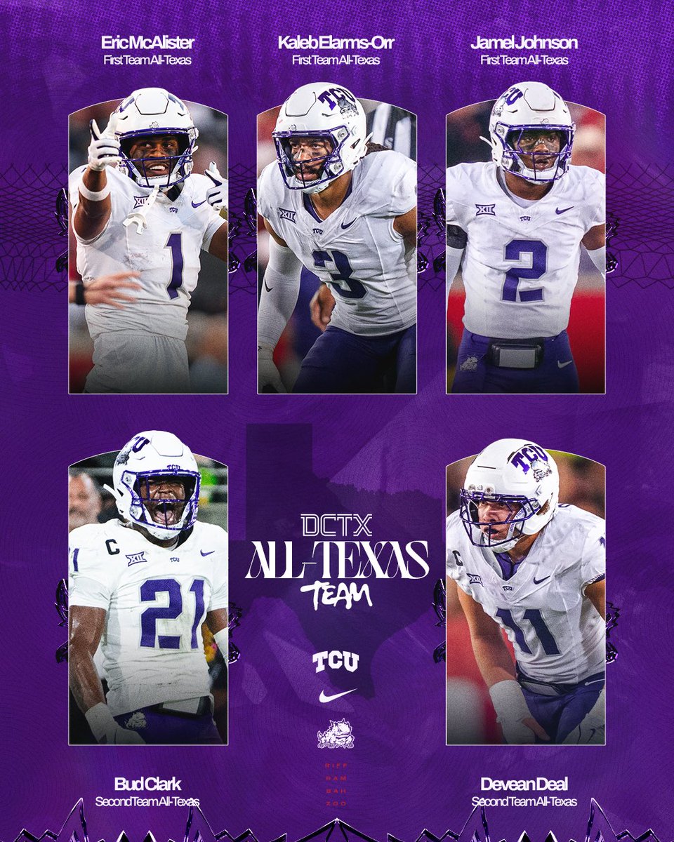 TCUFootball's tweet image. 🏆 Five Horned Frogs earn DCTF All-Texas Team Honors! #GoFrogs #ForTheWorthy 

🐸 Eric McAlister
🐸 Kaleb Elarms-Orr
🐸 Jamel Johnson
🐸 Bud Clark
🐸 Devean Deal