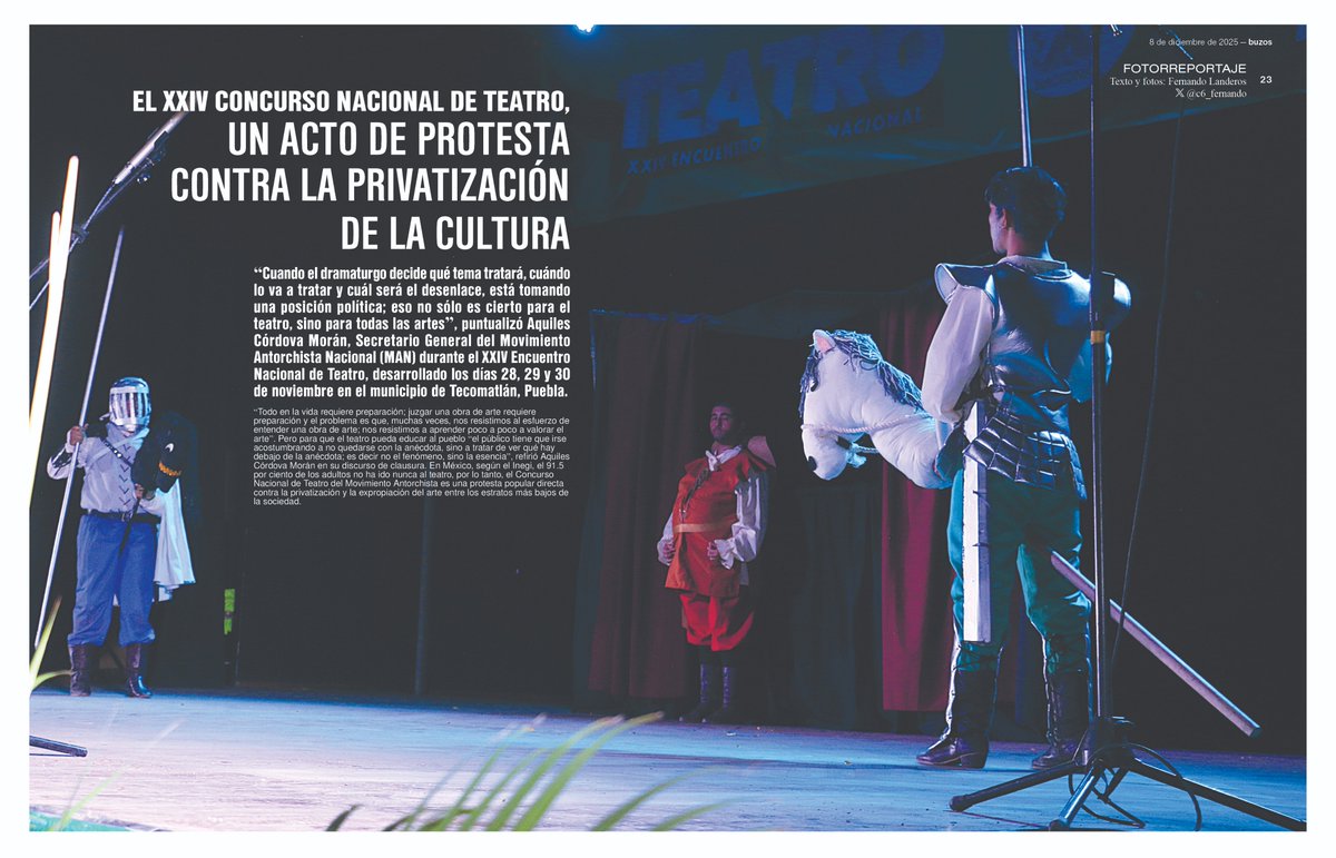 🔴#buzos | El XXIV Concurso Nacional de Teatro, un acto de protesta contra la privatización de la cultura 🎭🏛️

Las 34 puestas en escena que se presentaron durante el evento representan un acto de protesta contra las élites que han privatizado la cultura.

Lee más: