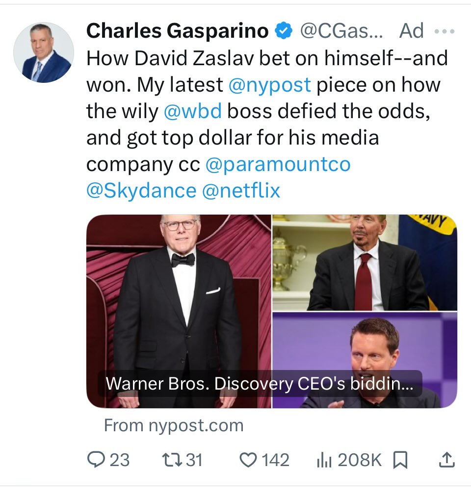 Enjoying Gasparino's posts during all this Paramount/Netflix/WBD drama. 

Am I wrong or is he buying