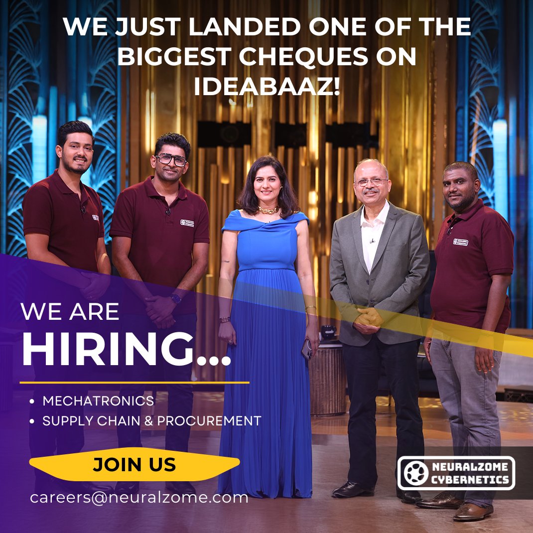 We walked away with one of the largest cheques on <a href="/_Ideabaaz_/">Ideabaaz</a> and now we’re hiring.

Huge thanks to <a href="/shailichopra/">Shaili Chopra | Gytree.com</a> &amp; <a href="/iitmadras/">IIT Madras</a>.

Hiring: Mechatronics Engineer | Supply Chain (Bangalore + Mountain View)

Contact: careers@neuralzome.com

#hiring #DeepTech #Robotics #IdeaBaaz