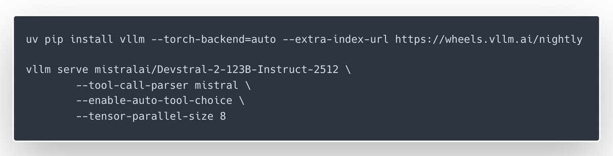 vllm_project's tweet image. Congrats to the @MistralAI team on the launch of Devstral 2! 🚀

vLLM now delivers Day-0 support for the Devstral 2 Instruct models — optimized for agentic coding, deep codebase exploration, and multi-file editing at scale.

Feel free to reach out 👇