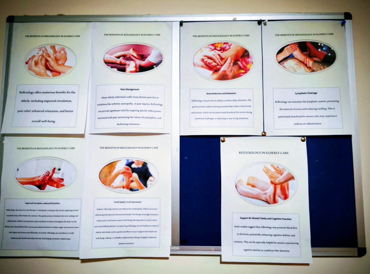 Justacarehomeg1's tweet photo. Our activities organiser, Louise, took up the challenge of updating our #learningwall with information on #reflexology which she provides to residents. #carehomelife https://t.co/eUlhxPR4ip
