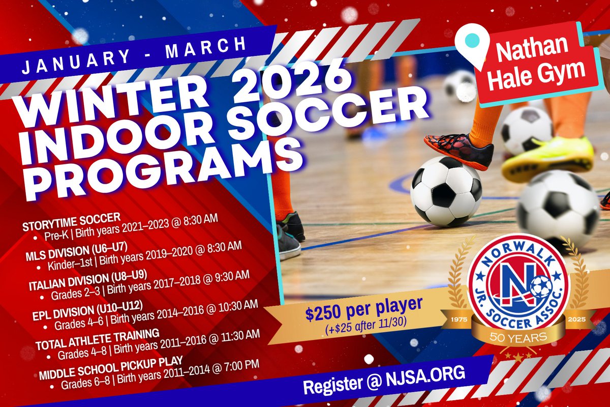 NJSA_Rec_Soccer's tweet photo. Indoor season is almost here! ⚽❄️
Kick off Winter 2026 with fast-paced fun, skill-building, and programs for every age — all happening at Nathan Hale Gym.
Don’t miss out… spots always go fast!

➡️ Register now at https://t.co/hcZEIWdpaU https://t.co/YmbPh5eQwQ