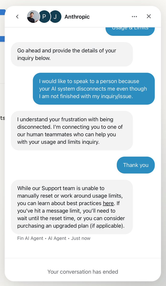 ABCMusicToronto's tweet photo. @AnthropicAI: "Fin" support bot ≠ user friendly - disconnecting and leaving me hanging. No connection to a person, or email timeline. Max plan doesn't deserve live support? Staff show online when not...  🙏, make your own support bot, I've used "Fin" other places 👎
@DarioAmodei https://t.co/TN7W6gs0GZ