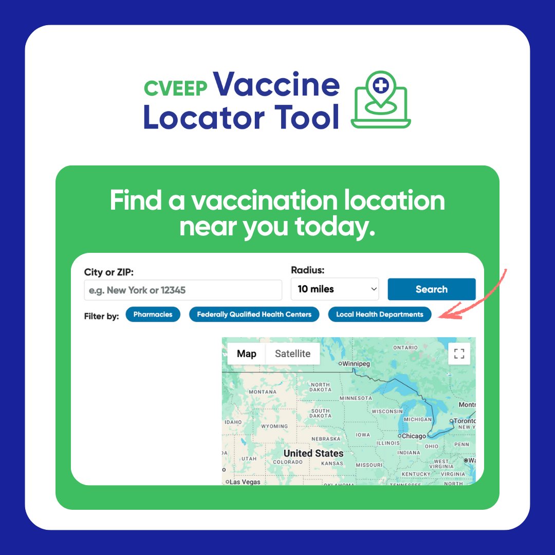 #DYK You can get respiratory vaccines at your local health department? Explore locations near you on CVEEP's Vaccine Locator Tool and filter by pharmacies, health departments, and federally qualified health centers: cveep.org/vaccine-locato…