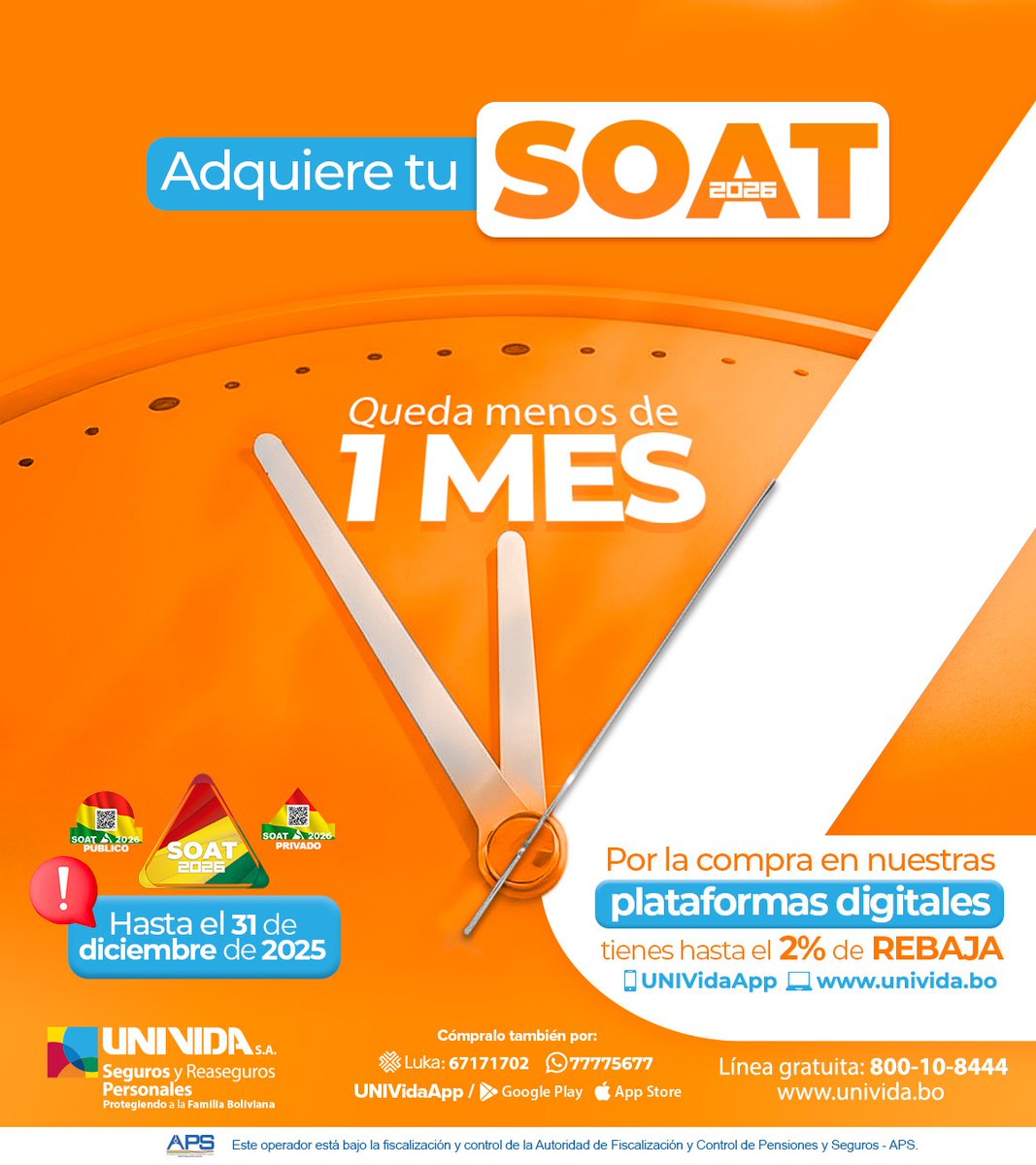 #SOAT2026 | Queda menos de 1 mes 📢
Si aún no tienes tu SOAT 2026, recuerda que la compra en nuestras plataformas digitales te da hasta el 2% de rebaja
🚨 ¡No dejes tu previsión para el último día! 🤔 Asegura tu rebaja y tu protección
¡Compra tu SOAT digitalmente!
#UNIVIDA