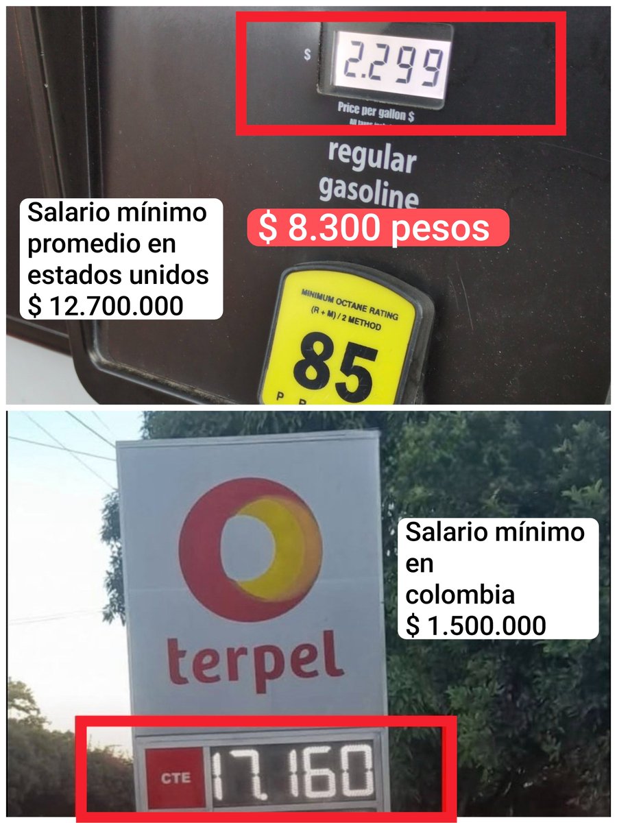 🇨🇴 Algún PETRISTA que explique porqué en el gobierno del CAMBIO la gasolina ⛽ vale $ 17.000 pesos y estados unidos $ 8.300 ❓

🇺🇸 Salario mínimo de estados unidos $ 12.700.000

🇨🇴 Salario mínimo en Colombia $ 1.500.000