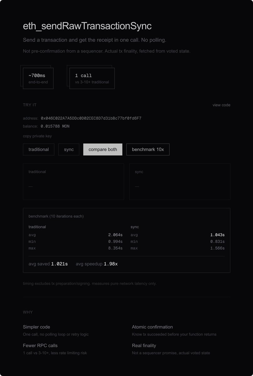 No polling. No waiting.

eth_sendRawTransactionSync on Monad gives you near-instant confirmation + receipt in one RPC call.

Not pre-confirmations. Not miniblocks. Real block inclusion!

Try it here: monad-sync-demo.vercel.app