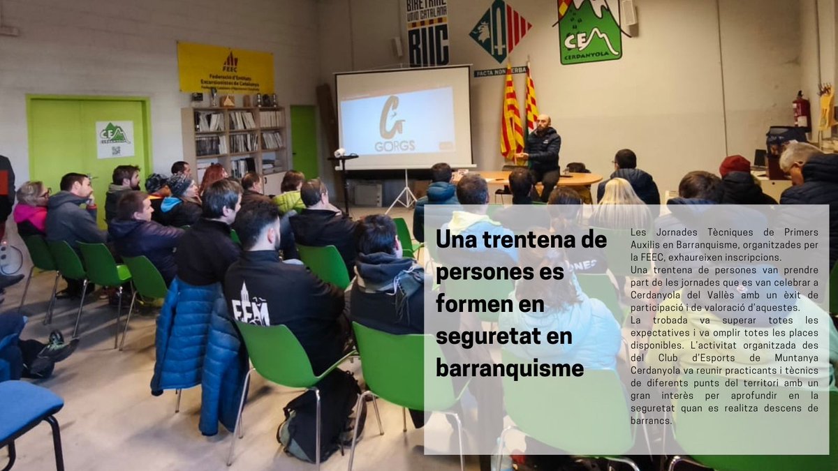 Una trentena de persones es formen en seguretat en barranquisme 🧗‍♀️💧

El curs l'ha dut a terme el <a href="/CEMCerdanyola/">CEM Cerdanyola</a> i ha servit per a seguir impartint coneixements de primers auxilis en la pràctica de descens de barrancs i engorjats. 

🔗 tuit.cat/oqxV3

#sentlamuntanya