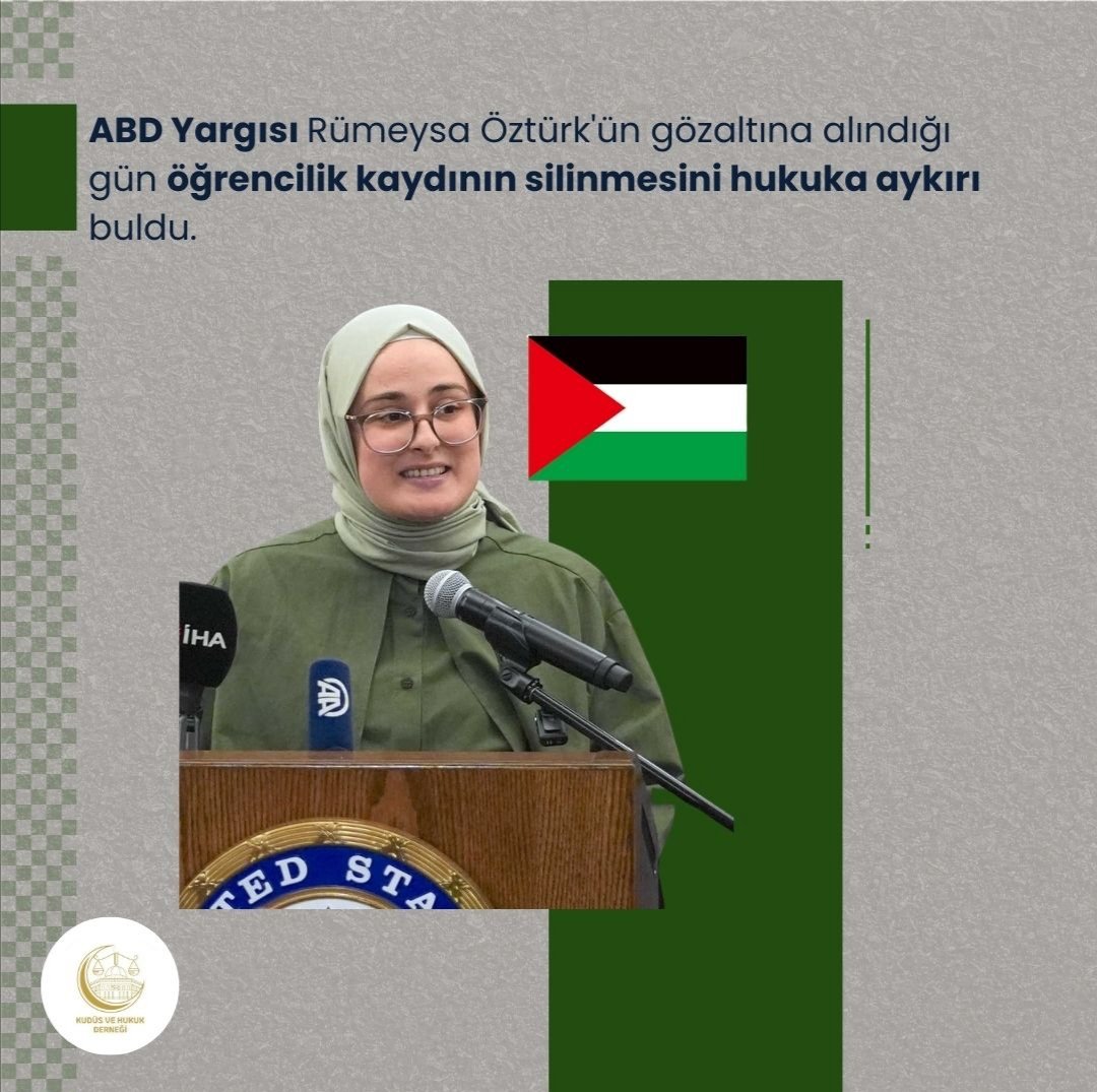 📢 ABD Yargısı Rümeysa Öztürk'ün gözaltına alındığı gün öğrencilik kaydının silinmesini hukuka aykırı buldu.

#RümeysaÖztürk
#FreePalestine