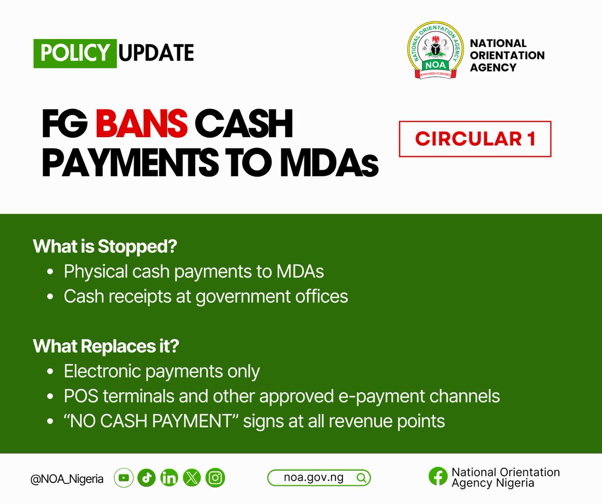 NOA_Nigeria's tweet image. FG BANS CASH PAYMENTS TO MDAs 

The Federal Government has stopped all Ministries, Departments and Agencies (MDAs) from collecting cash for making revenue payment. Payments must now be made electronically using POS and approved digital platforms.

A new system called RevOP has…