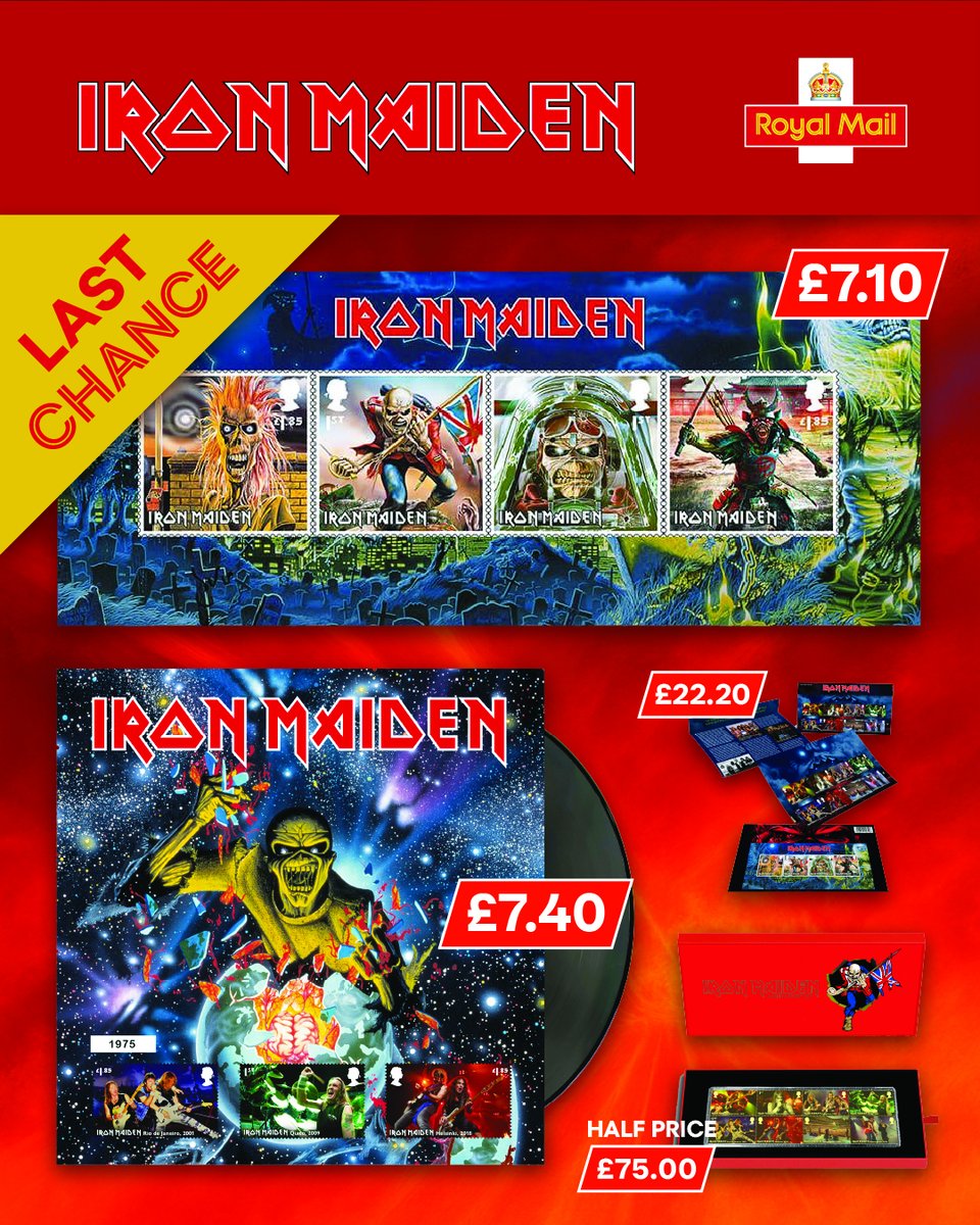 RoyalMailStamps's tweet photo. Iron Maiden Stamps &amp; Collectibles are only available until 31 Dec. When they’re gone, they’re gone! 

Order yours here: https://t.co/xks1JquzMw
 
Don’t miss out on this fantastic collection, especially with some incredible 1/2 price deals. 

#IronMaiden https://t.co/weVzuB8wkG
