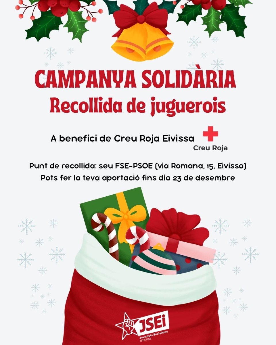🎄Dissabte celebram el tradicional dinar solidari del PSOE 🎁

🗓️ 13 de desembre 13:30h a l'Hipòdrom Sant Rafel

Recaptació a benefici d'ADDIF i recollida de juguerois per a la campanya de les Joventuts Socialistes d’Eivissa

🌹T’hi esperam!

*Reserves a la teua Agrupació