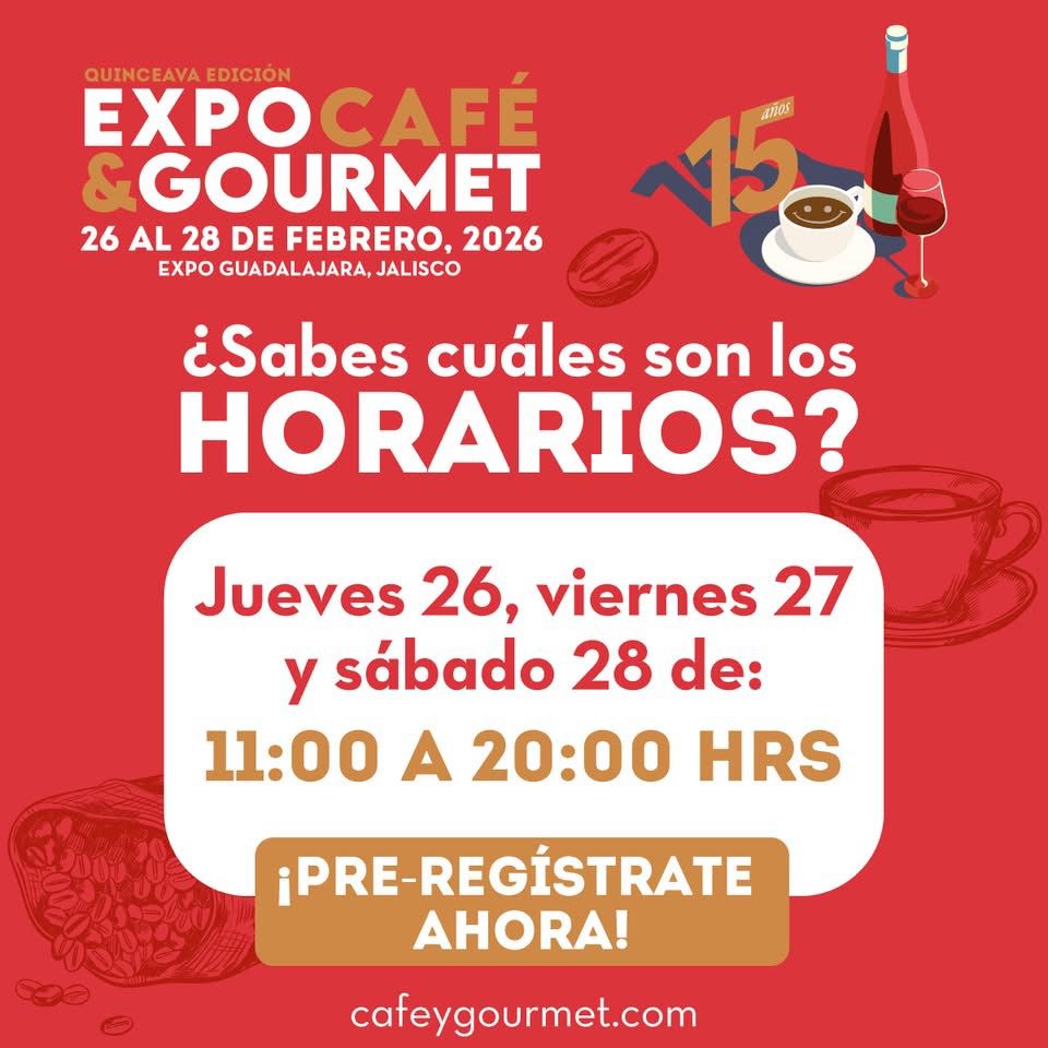 ¡Prepárate para vivir la experiencia de Expo Café &amp; Gourmet! ☕🍷
Te esperamos del 26 al 28 de febrero de 2026, de 11:00 a 20:00 hrs, en Expo Guadalajara, Jalisco.

💫 Pre-regístrate ahora y disfruta de un acceso más ágil durante los días del evento.
cafeygourmet.registrotradex.com