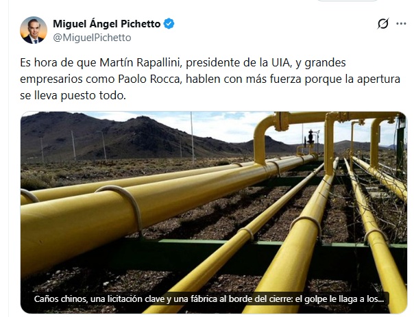 🟨 "La apertura se lleva puesto todo": <a href="/MiguelPichetto/">Miguel Ángel Pichetto</a> cruzó a <a href="/MRappallini/">Martín Rappallini</a>, presidente de la <a href="/UIAok/">UIA</a> y a Paolo Rocca para que "hablen con más fuerza" 

▶️ El riesgo de cierre en <a href="/GrupoTechint/">Grupo Techint</a>  por la competencia china 

📎 bit.ly/3MtrYFi
