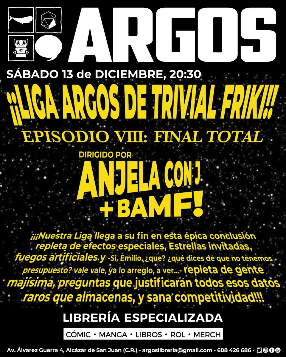 La última jornada del Trivial Friki ha llegado. Con mucho por decidir y con UN BONUS ESPECIAL NAVIDEÑO! Nunca es tarde para probarlo, pero ojo que engancha. Dejaremos descansar a Anjela y Bamf , pero esto que nos han regalado va a dejar poso. Venirse

#argoslibreria #trivialfriki