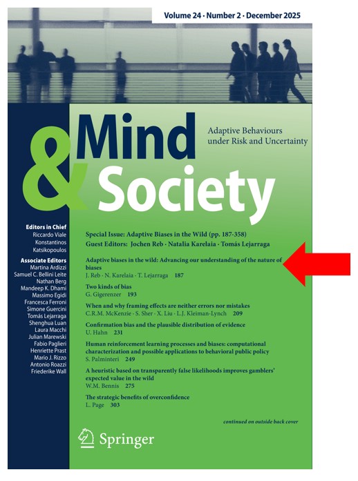 🚨Mind &amp; Society🚨
Do not miss the latest Special Issue on Adaptive Biases in the Wild (pp. 187-358)
Guest Editors: Jochen Reb · Natalia Karelaia · Tomás Lejarraga
link.springer.com/journal/11299/…
Start reading with the Editorial:
doi.org/10.1007/s11299…