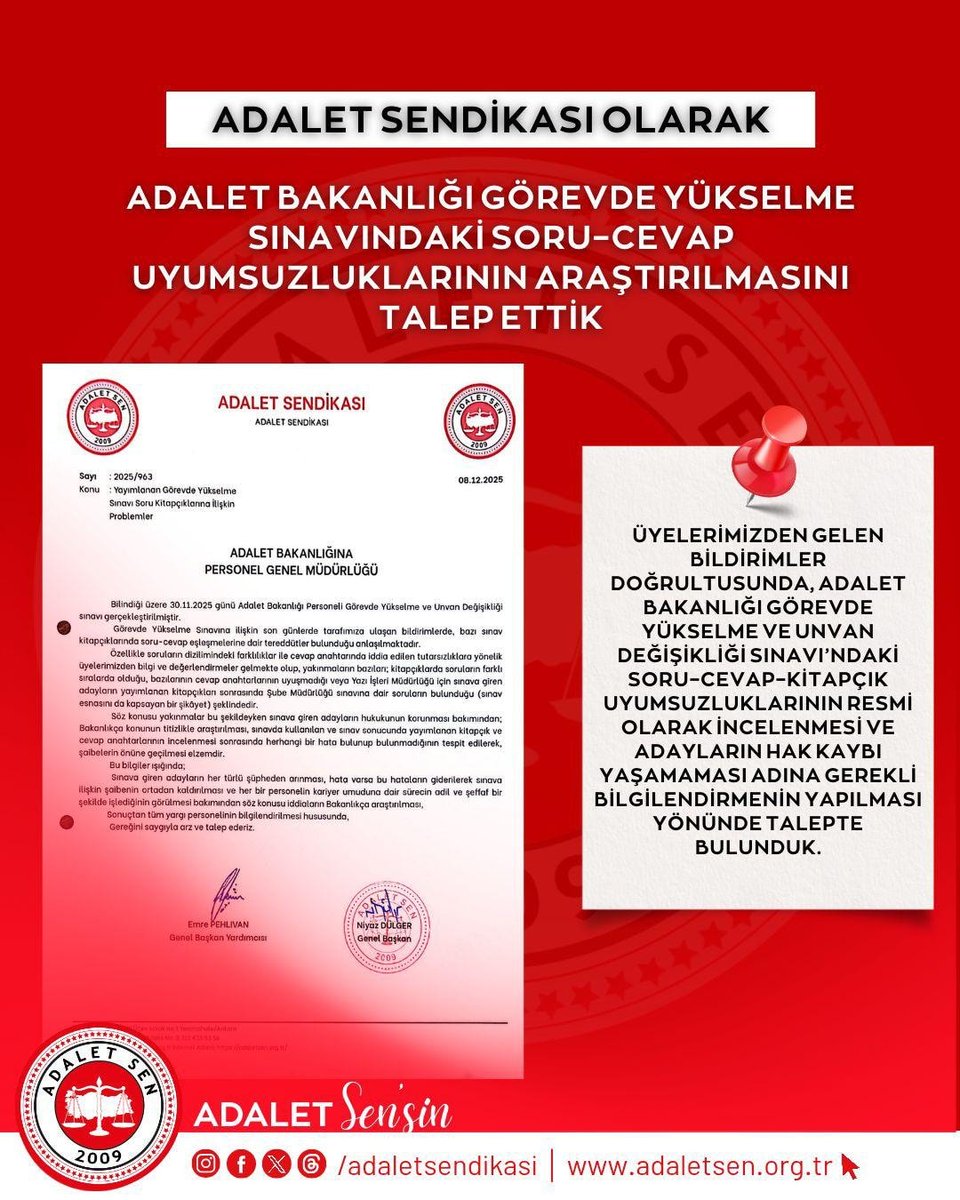 ADALET-SEN'DEN "UYUMSUZLUK ARAŞTIRILSIN" TALEBİ
<a href="/adaletsendikasi/">Adalet Sendikası</a>: "Adalet Bakanlığı GYS'ye ilişkin soru kitapçıkları ile cevap anahtarları arasında uyuşmazlıklar olduğu yönünde ciddi tereddütler bulunmaktadır. Yeniden değerlendirme yapılması gerekmektedir."