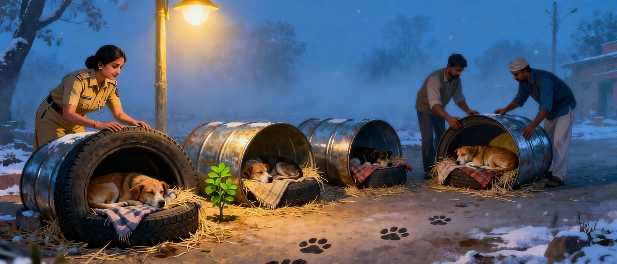 prabhatmisra's tweet image. In times when compassion is the rarest resource, @BagpatDm @AsmitaLal17 has shown what ethical leadership truly looks like.💐

A heartwarming example of governance with a soul, for stray dogs facing harsh winter under open sky. 🐕❄

Transforming discarded tyres and drums into…