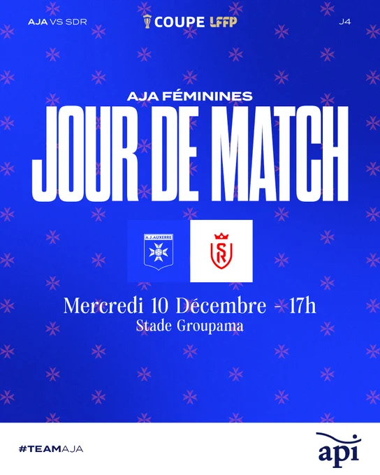 RT by @AJA: 🔵 𝑱𝒐𝒖𝒓 𝒅𝒆 𝒎𝒂𝒕𝒄𝒉 ⚪️ ⚽️ #TeamAJA 🆚 @StadeDeReims 🏟️ Stade Groupama 🏆 Coupe LFFP, J4 ⌚️ 17h 🎟️ billetterie.aja.fr #️⃣ #AJASDR