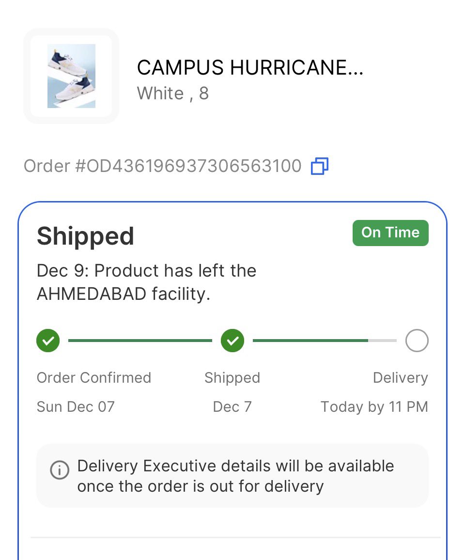 Hi <a href="/Flipkart/">Flipkart</a> @FlipkartSupport,
This is a new kind of fraud-like experience. My order (Campus Hurricane, Order ID: OD436196937306563100) shows “On Time” but there is no actual delivery update, no movement, and no delivery executive details even on the promised date.
