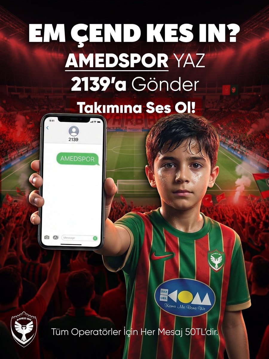 AMEDSPOR yaz 2139’a gönder, takımına ses ol.
💚❤️
AMEDSPOR binivîse û ji 2139ê re bişîne, hêzê bide tîma xwe.
💚❤️
AMEDSPOR binuse, bierşawe 2139, paştî bide taximê xo.

#MücadeleninTakımı
#TîmaTêkoşînê
#TaximêXoverdayîşî