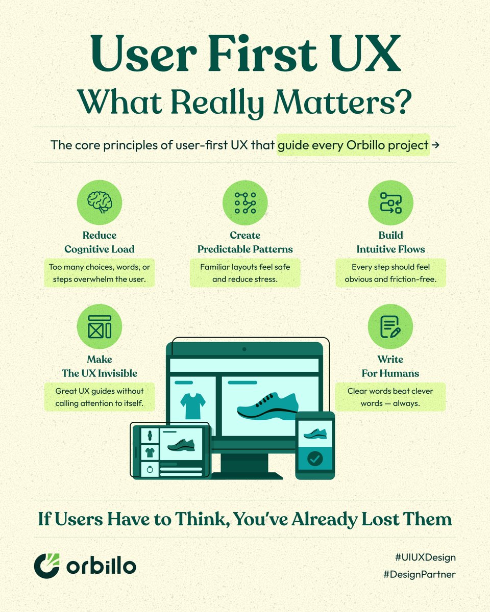 TeamOrbillo's tweet photo. If users have to think, you’ve lost them.
𝗚𝗼𝗼𝗱 𝗨𝗫 𝗿𝗲𝗱𝘂𝗰𝗲𝘀 𝗲𝗳𝗳𝗼𝗿𝘁.
Not adds to it.
Less cognitive load.
Predictable patterns.
Intuitive flows.
Invisible design.
Clear words.
𝗚𝗼𝗼𝗱 𝗨𝗫 𝗶𝘀 𝗰𝗹𝗮𝗿𝗶𝘁𝘆.
Not decoration.
#Orbillo #DesignPartner https://t.co/9VYQ7SO5ro