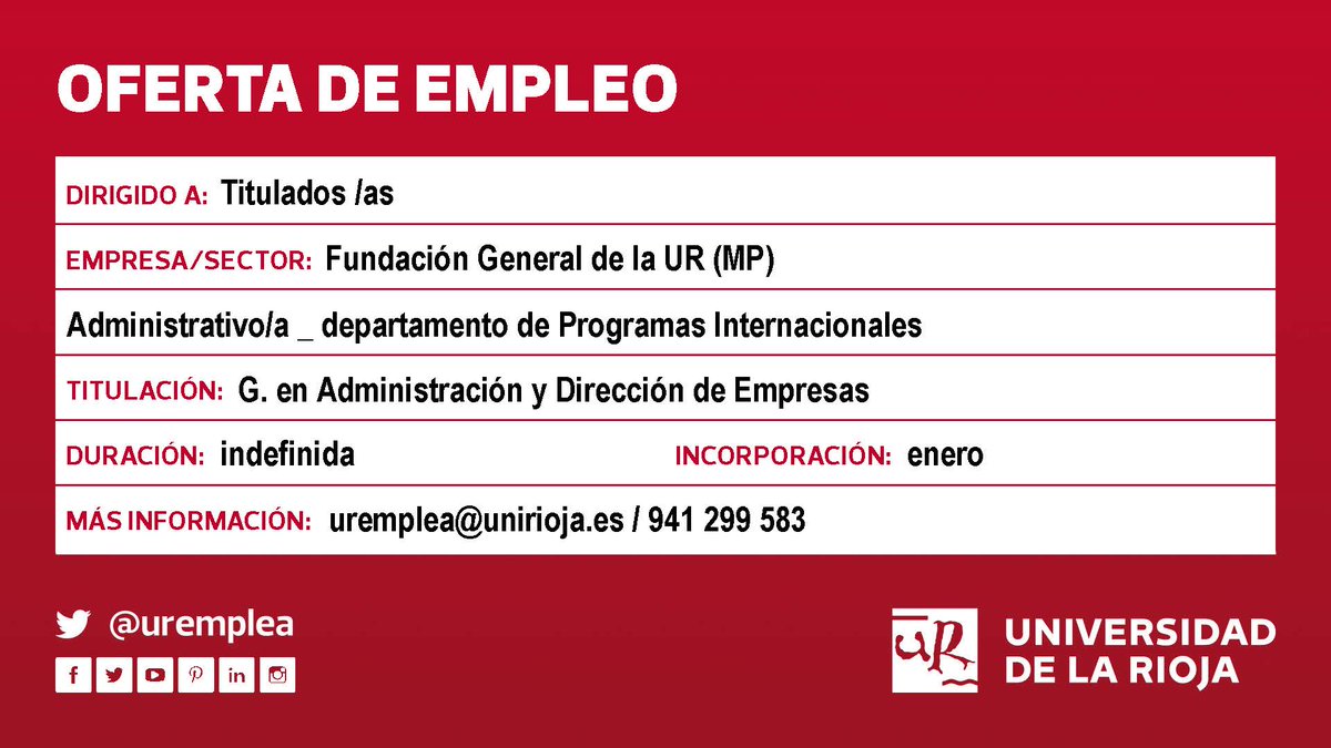 ♦️Oferta #empleo #TituladosUR <a href="/unirioja/">Universidad de La Rioja</a> #ADE Sector: educación ¡Inicio: enero! Más info: ➡️bit.ly/3onDlmw