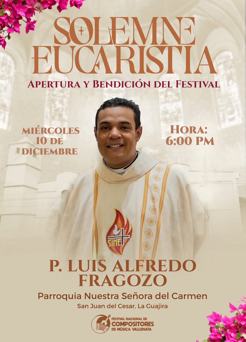 Te invitamos a la Solemne Eucaristía de Apertura y Bendición del Festival.

Un encuentro de fe para encender el espíritu de la música vallenata.
Preside: P. Luis Alfredo Fragozo.

📆 Miércoles 10 de diciembre
🕕 6 PM
📍Parroquia Nuestra Señora del Carmen, San Juan del Cesar.