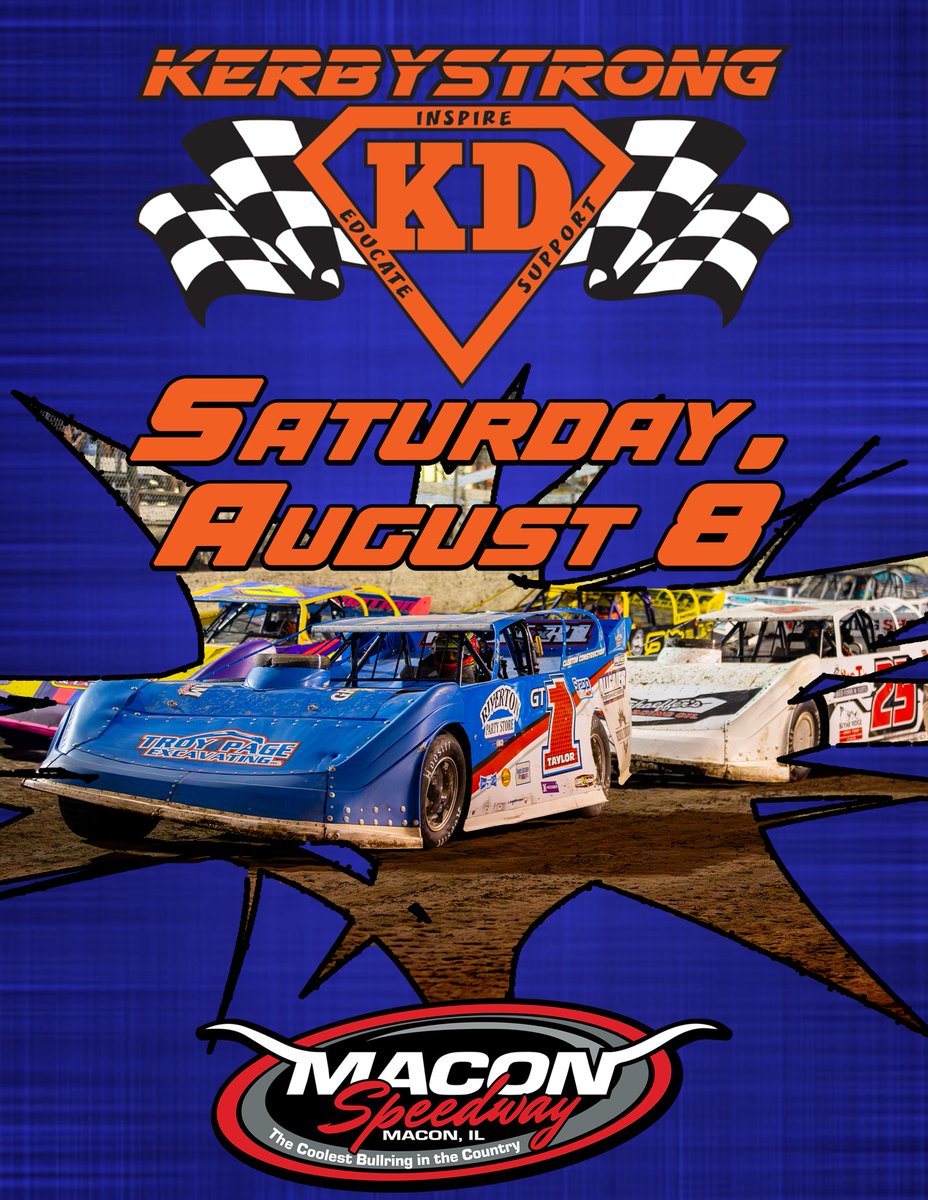 The annual KerbyStrong with the MARS Super Late Models takes on Macon Speedway on Saturday, August 8!

A $10,000 top prize awaits the Late Model champion, with Modifieds, Sportsman, and Street Stocks joining the show.

Read more: maconracing.com/press/article/…