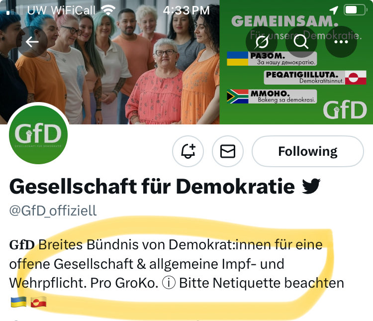 <a href="/GfD_offiziell/">Gesellschaft für Demokratie </a> Ich bin fast drauf reingefallen. Ihr seid ein Satire Account!!! 🤦‍♀️ 

“Demokrat:innen für eine offene Gesellschaft &amp; allgemeine Impf- und Wehrpflicht. Pro GroKo.”

Hahaha ihr seid echt super  
😂😅😂