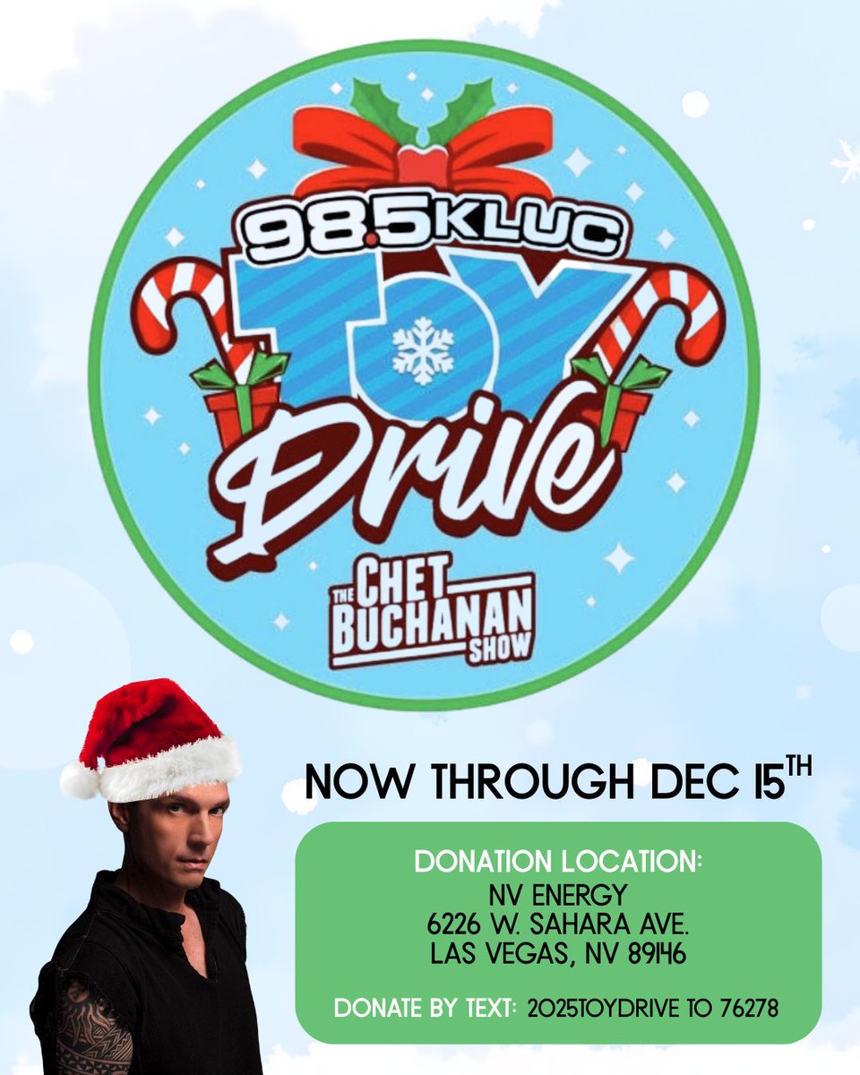 nickcarter's tweet image. When it comes to giving back at the holidays in Vegas, no one does it better than my buddy @chetbuchanan! Now through Dec 15th, the 98.5 KLUC Chet Buchanan Show Toy Drive is collecting new, unwrapped toys/bikes to benefit children in need throughout Las Vegas. I’ll be stopping by…