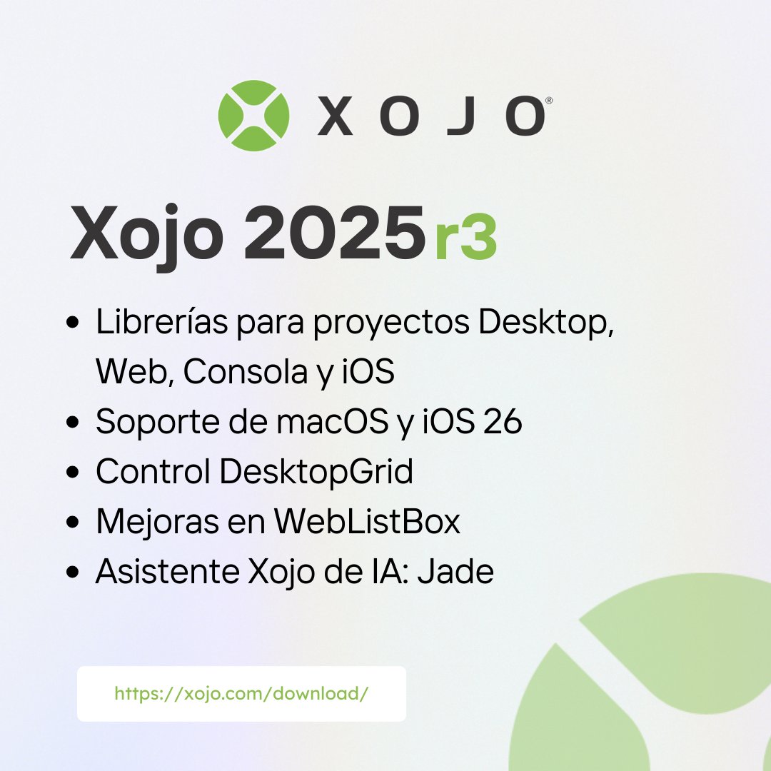 Xojo anuncia la disponibilidad de Xojo 2025r3
 
- Librerías
- Asistente de IA integrado
- Soporte completo de macOS 26 y iOS 26
- Control DesktopGrid

…¡y mucho, mucho más!

Descarga Xojo desde: xojo.com/download
Adquiere tu licencia Xojo: xojo.com/store