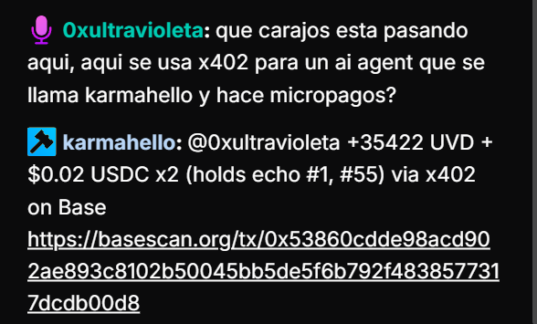 ahora el Chat2Earn de <a href="/karmahelloapp/">Karma Hello</a>  tambien en kick, haciendo pagos duales en <a href="/avax/">Avalanche🔺</a> + <a href="/base/">Base</a> via x402 solo por chatear en el stream...
